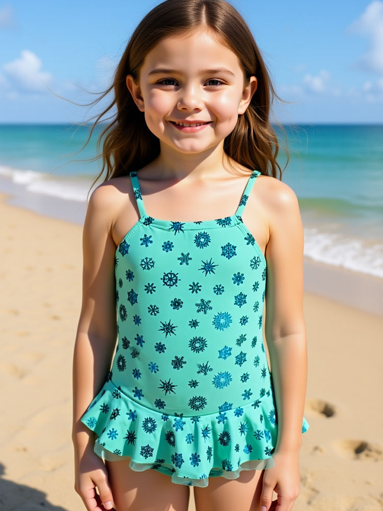 Custom Blue Floral Print Quick Dry Stretchy Kids Bathing Suit