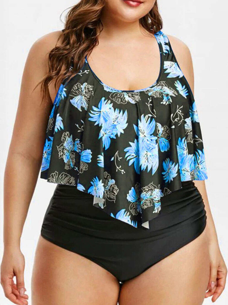 Custom Plus Size High-Waisted Bikini Set with Ruffled Print