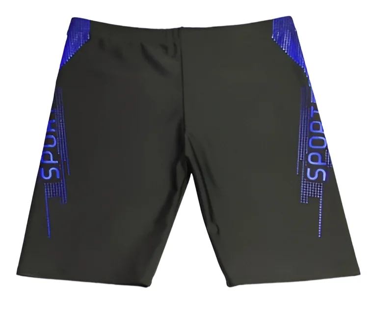 Men's black fitted swim shorts with blue printed side panels