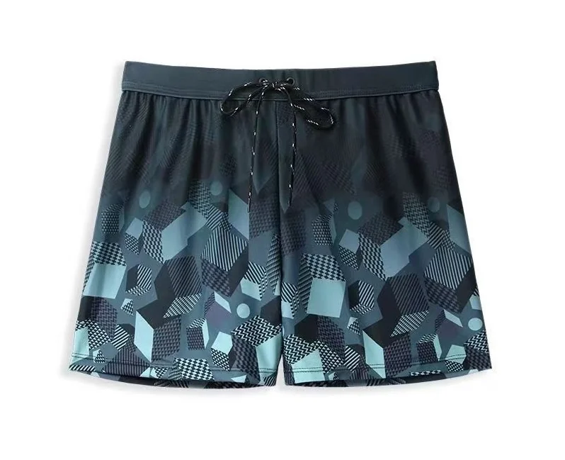 Men's board shorts with a drawstring waist and a geometric blue-gray print