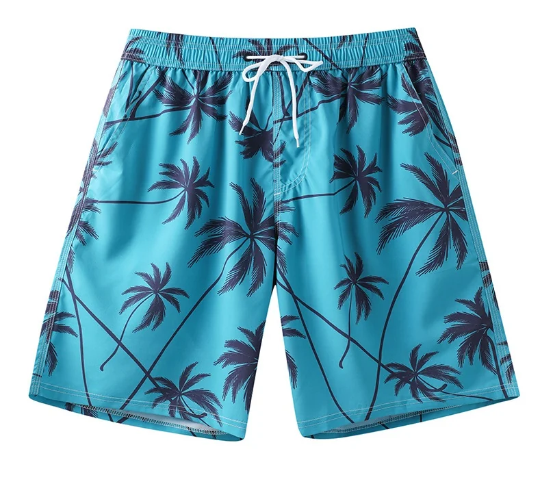 Men's turquoise beach shorts with a palm tree print and white drawstring