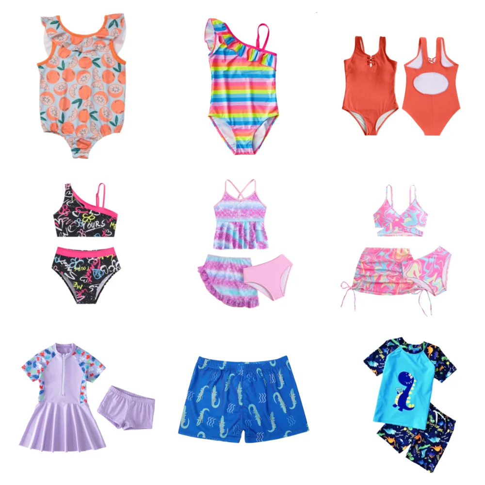 Assorted kids' swimwear including printed one-pieces, bikinis and rash guard sets