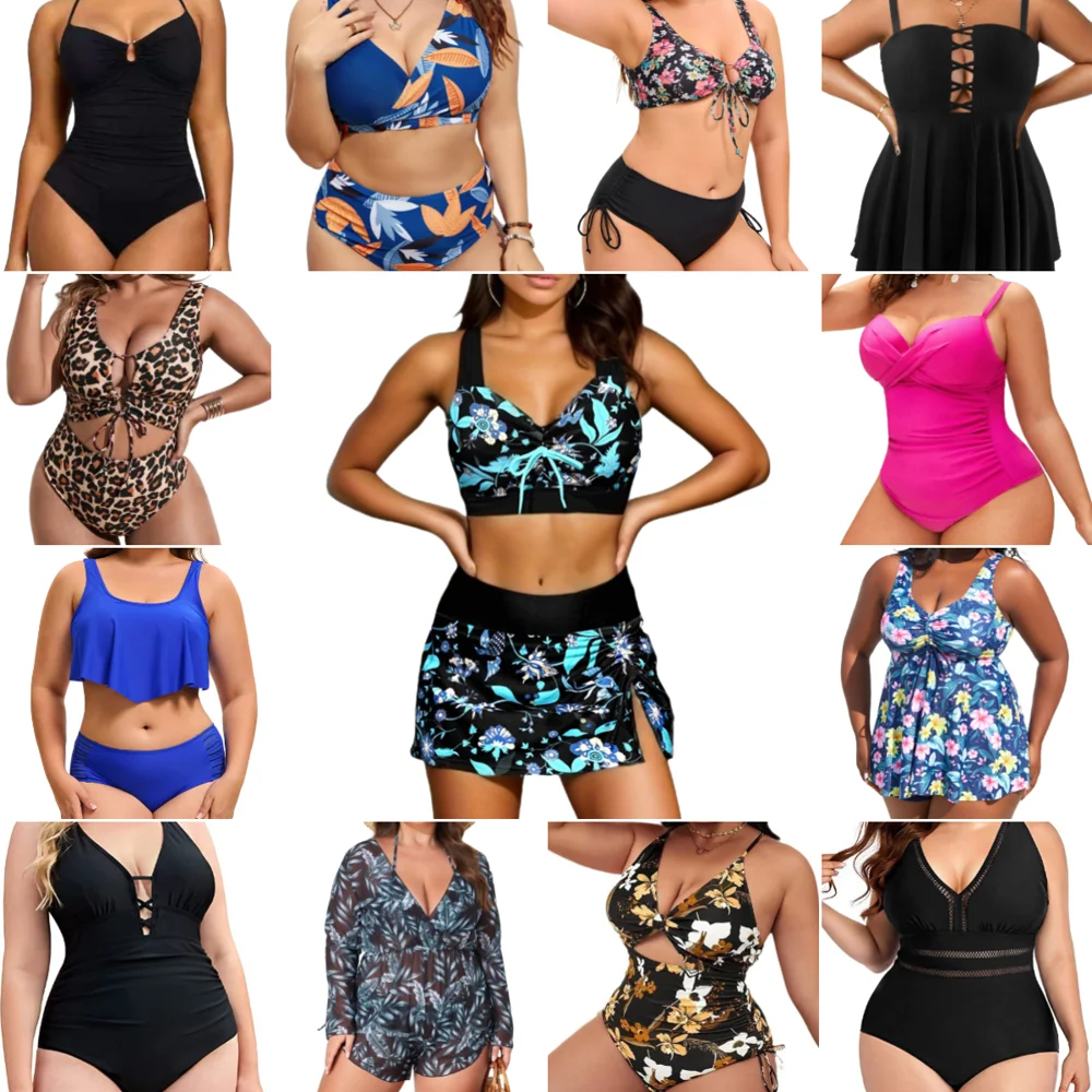 Assorted plus-size swimwear including one-pieces, bikinis, tankinis and a swim skirt set