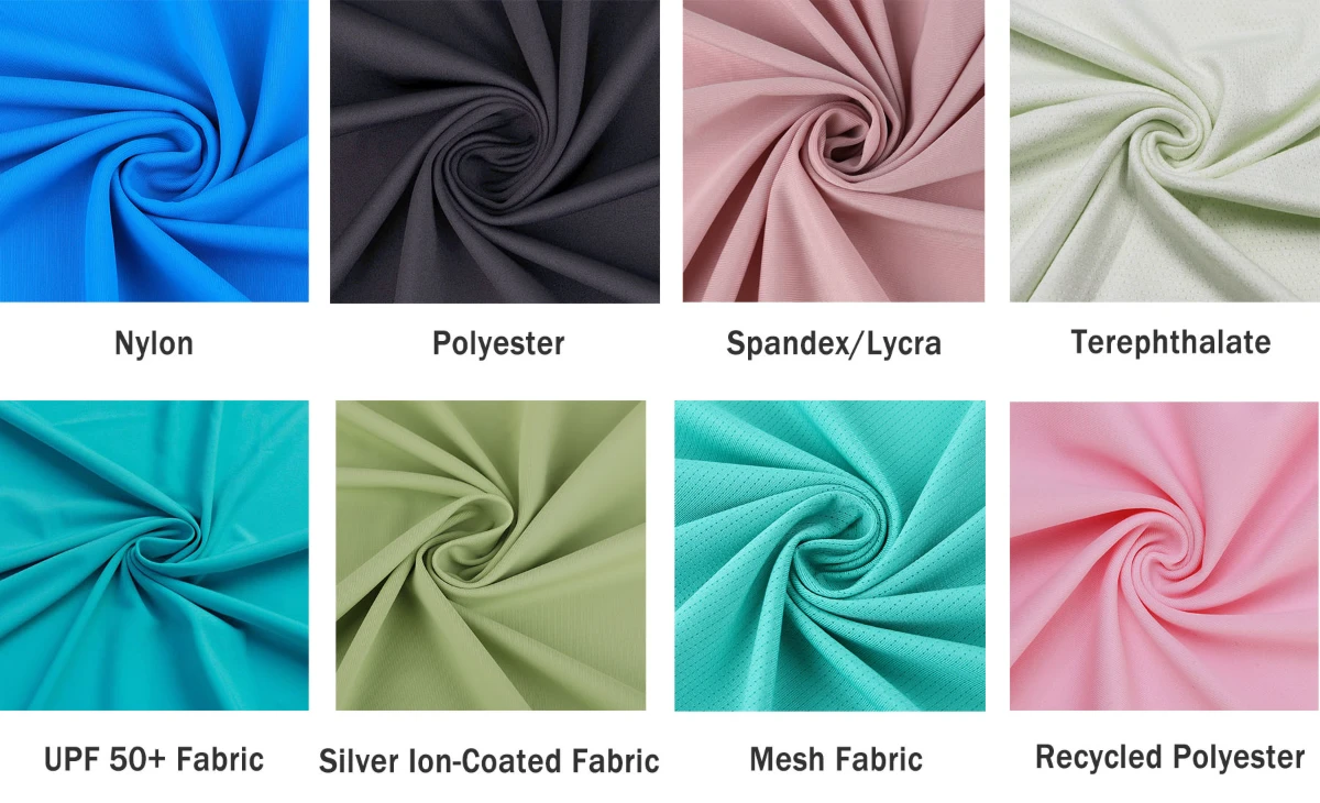 Chart displaying eight swimwear fabric types including Nylon, Polyester, Spandex/Lycra, and UPF 50+.